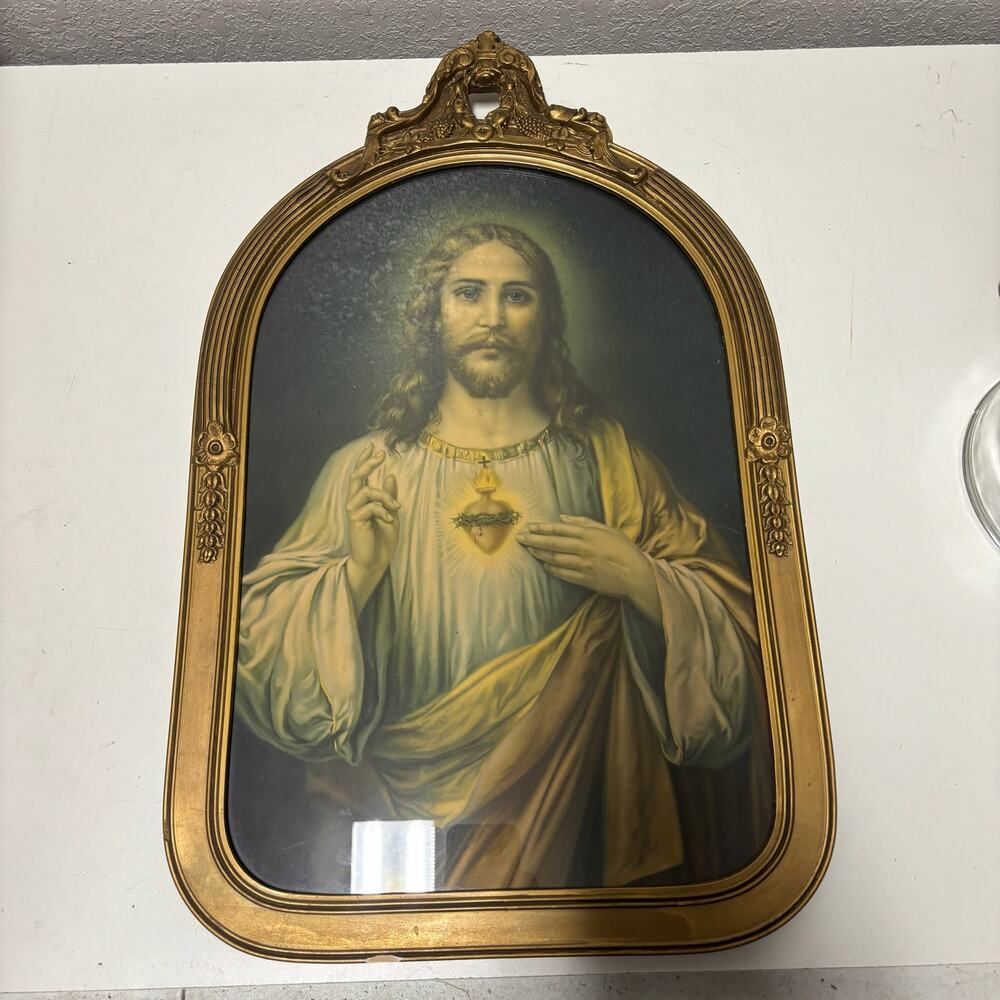 VTG 14x23" Sacred Heart of Jesus Framed Lithograph Art Arched Religious Print